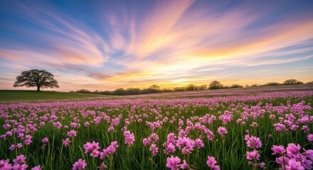 Vibrant sunset sky with dramatic pink and orange clouds illuminating a vast field of blooming pink wildflowers with a solitary oak tree silhouette on the horizon