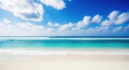 Fototapeta premium Stunning tropical beach scene with vibrant turquoise ocean water meeting a white sand shore under a bright blue sky filled with fluffy white clouds, perfect for a summer vacation concept