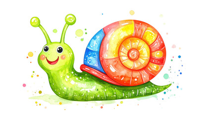 Fototapeta premium Cute watercolor snail with a vibrant colorful shell and a cheerful expression.
