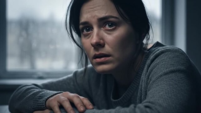 Lonely woman reflects on grief, struggling with mental health in muted light