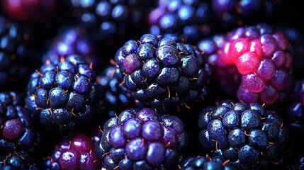 Close-up of glistening ripe blackberries with dewy droplets, deep purple and blue hues, one pinkish unripe berry, vibrant juicy and mouthwatering texture