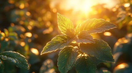 Close-up of vibrant green leaves bathed in golden sunlight