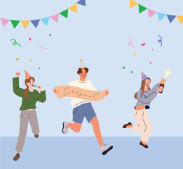 Joyful Celebration with Confetti and Party Hats