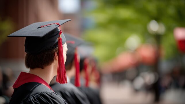 Group of graduates wearing black caps and red tassels, celebrating academic achievement outdoors, showcasing pride and accomplishment in a festive atmosphere