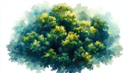 top-down view of a lush tree canopy with sunlit green leaves and delicate branches in a tranquil watercolor wash