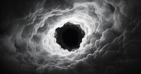 swirling layered storm clouds forming a circular dark void at the center, dramatic ominous sky with deep shadows and a foreboding mysterious atmosphere
