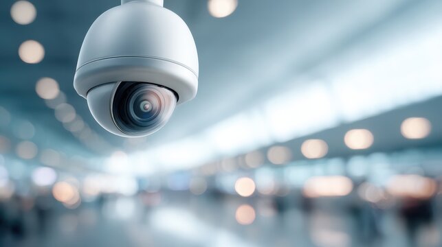 Close-up view of a CCTV security camera in a busy environment, capturing details of surveillance technology and modern security measures