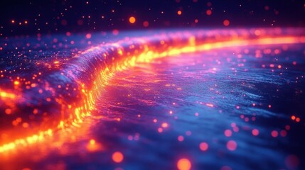 glowing molten stream of orange and yellow sparks flowing across a rippled deep blue and purple surface, ethereal and mesmerizing atmosphere