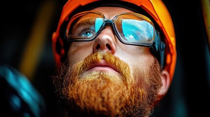 Close-up of construction worker wearing orange hard hat and hearing protection with beard, dramatic low light and focused mood in industrial setting
