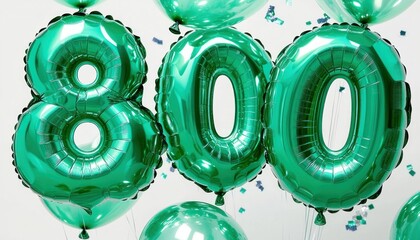 Three large shiny metallic green foil number balloons forming 800 with scattered confetti and floating strings against a bright white background, festive joyful celebration