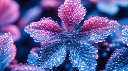 Close-up of vibrant, dew-kissed leaves in purple and blue