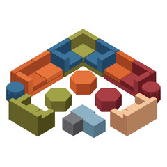 Colorful modular sofa and ottoman furniture set isometric view.