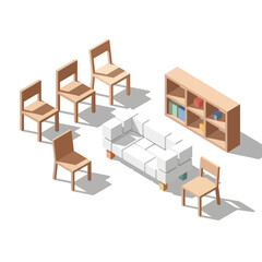 Isometric view of wooden furniture set including chairs, sofa, and bookshelf.