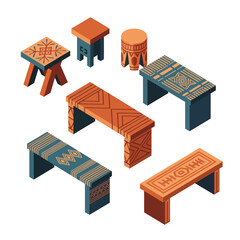 Isometric Wooden Benches and Stools with Intricate Patterns.