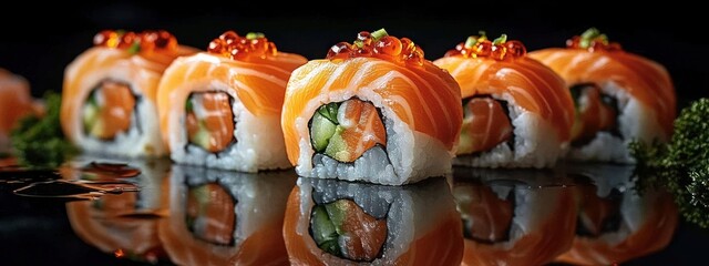 Glossy salmon-topped sushi rolls stuffed with avocado and cucumber, rice and nori, crowned with bright salmon roe and chives on a reflective black surface, elegant and appetizing