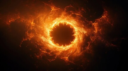 Fiery swirling ring of molten plasma around a dark central void, an intense ominous glowing vortex of embers, sparks and heat