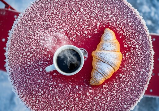 Overhead view of hot steaming coffee cup and croissant dusted with powdered sugar on frosty red table - Powered by Adobe