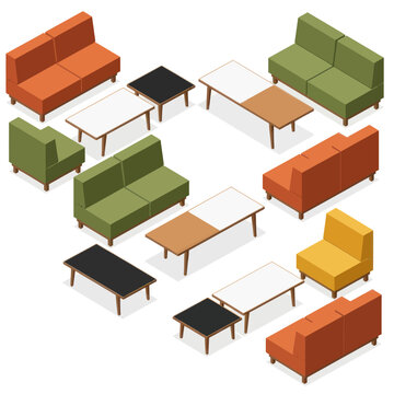 Collection of modern furniture arrangements with sofas and tables.
