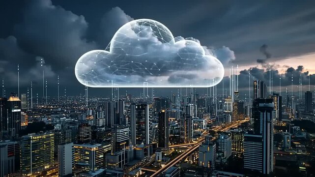 Futuristic city skyline at dusk with digital cloud technology overlaying urban landscape - Powered by Adobe