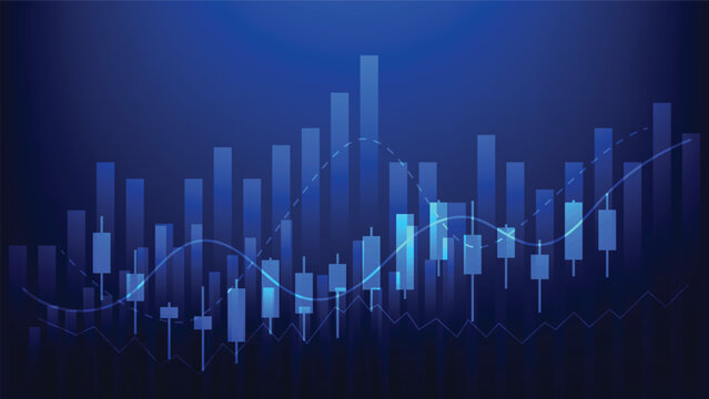 financial report and business investment. candlesticks chart with indicators show stock market trend with bar graph on blue background