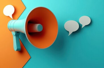 turquoise and orange megaphone projecting white speech bubbles on teal background with geometric orange accent, bold energetic announcement concept