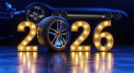 2026 New Year Automotive Banner with Wheel Zero — Blue Modern Car Service Background
