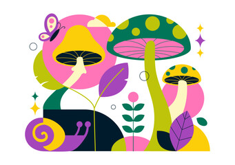 Mushrooms Vector Illustration Featuring Different Mushrooms, Grass And Insects In A Flat Style Cartoon Background