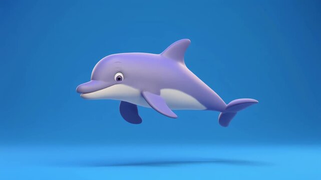 A cute purple cartoon dolphin with a friendly smile swimming in a vibrant blue underwater environment.