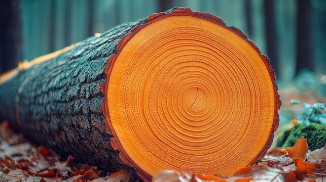 Close-up tree trunk cut, concentric rings, forest floor