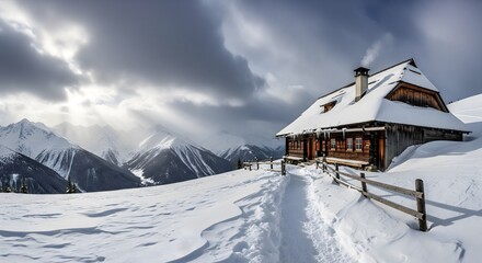 Fototapeta premium Snow-Covered Wooden Cabin in Winter Mountain Landscape Under Dramatic Sky