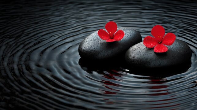 Tranquil Zen Stones with Red Petals Floating on Black Water Surface in Calm Rippling Patterns