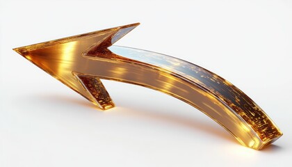 golden curved 3d arrow with reflective glass-like surface and glowing flecks on white background conveying motion and futuristic elegance