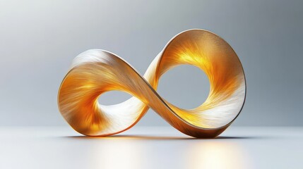 Twisted metallic infinity loop sculpture in gold and silver tones on a minimalist neutral surface, softly lit and evoking calm elegance and timeless continuity