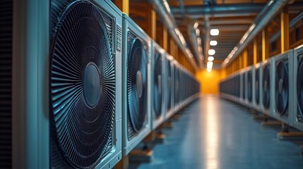 long industrial aisle lined with large cooling fans and ventilation units under metal ductwork, cool blue tones and a warm distant glow conveying precision and quiet power