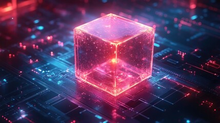 translucent glowing neon cube resting on an illuminated circuit board, vibrant pink and blue lights, futuristic mysterious high-tech energy core and sense of awe