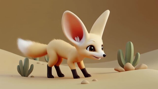 A cute 3D rendered cartoon fennec fox with large ears walking in a sandy desert landscape with small cacti and rocks.