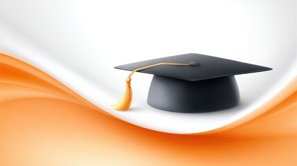 Graduation cap with orange and white flowing background, symbolizing achievement and celebration in academic success and future opportunities
