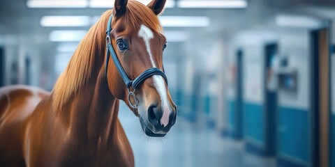 Chestnut horse with white blaze wearing a halter stands calmly in a bright indoor stable corridor with a curious gentle expression