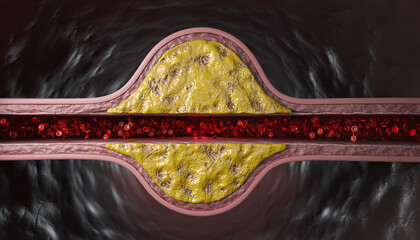 A detailed 3D visualization showing a magnified cross-section of an artery severely narrowed by a large accumulation of yellow atherosclerotic plaque, with red blood cells struggling to pass through,
