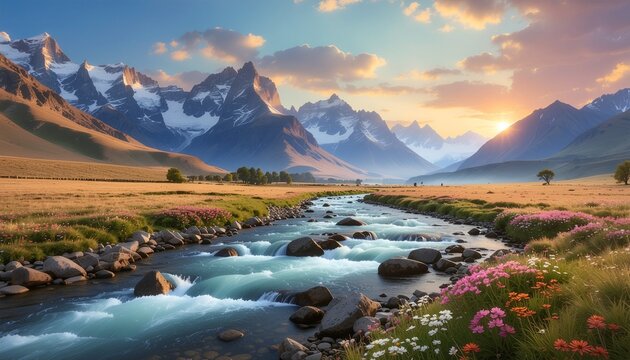 mountain landscape with lake and mountains
