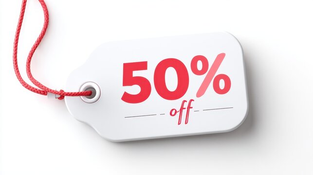 Discount tag displaying 50 off in bold red text, featuring a clean design with a string for hanging, ideal for promotional marketing materials