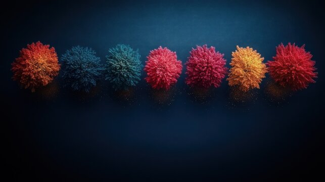 Colorful, abstract, fluffy balls in a row on dark background