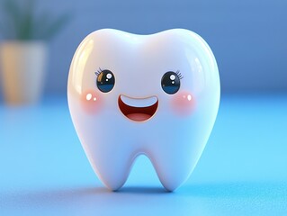 Fototapeta premium Smiling glossy cartoon tooth with big sparkling eyes, long lashes and rosy cheeks on a blue surface, cheerful friendly expression