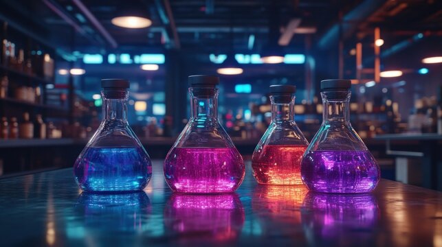 Colorful beakers in a dimly lit lab