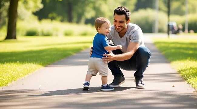Caring dad lovingly guides his happy toddler as the little one learns to walk outdoors in a beautiful green park environment, embracing family moments