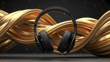 A sleek black wireless headphone sits against a backdrop of flowing golden ribbons, showcasing modern audio technology and design.