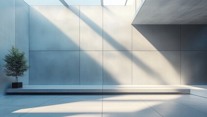 Obraz premium Minimalist sunlit concrete atrium with raised bench, single potted tree and long diagonal shadows, calm serene modern interior