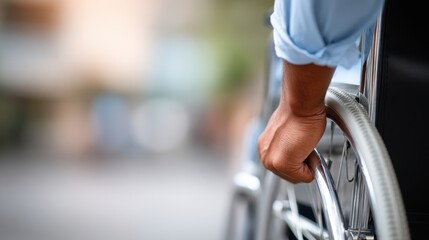 Woman in wheelchair gripping wheel, showcasing determination and resilience in a blurred urban environment, emphasizing strength and mobility challenges