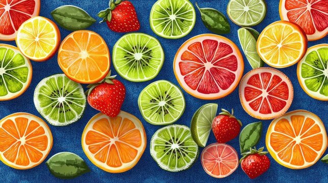 bright flat lay of sliced oranges, lemons, limes, grapefruits, kiwi rounds and whole strawberries with green leaves on a textured blue background conveying fresh cheerful summer energy