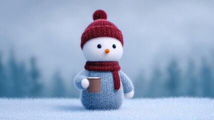 Cute snowman toy winter mug cozy knitted plush red hat red scarf snowy background soft focus blue sweater hot drink festive scene. Cute snowman toy with winter mug cozy knitted plush